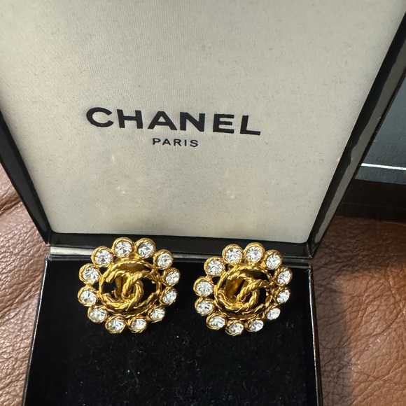 CHANEL Jewelry - Chanel Vintage 93A Large Crystal Bordered CC Logo Stud Earrings